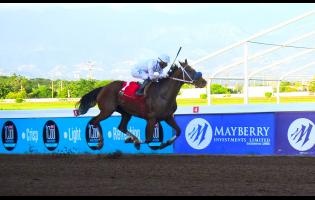 D’ HEAD CORNER STONE, with Arnaldo Bocachica aboard, in full flight on the way to winning the Kenneth Mattis, OD, Memorial Trophy over 9 furlongs and 25 yards  at Caymanas Park on Sunday.