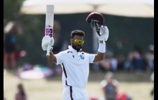 West Indies’ Shai Hope celebrates after reaching a century against New Zealand on Day Four of the first Test in Christchurch.