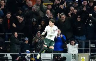 Chelsea’s Alejandro Garnacho celebrates after scoring against  Cardiff City during the English League Cup quarterfinal match in Cardiff yesterday.