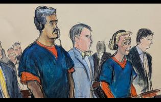 Court sketch shows Venezuelan President Nicolás Maduro (left), and his wife, Cilia Flores, (second right), appear in Manhattan federal court with their defence attorneys Mark Donnelly, (second left) and Andres Sanchez, on Monday in New York. 