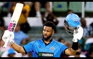 Shai Hope celebrates scoring his century.