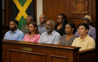 AI-generated image of jurors listening attentively during a trial in a Jamaican courtroom.