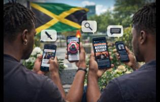 An AI-generated image capturing Jamaica in the digital age, where social media has become the new town square—hosting conversations, speculation, and real-time accountability.
