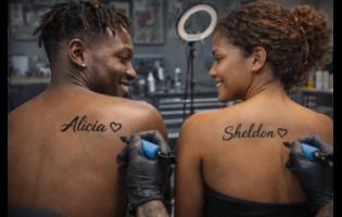 In this AI-generated image, this couple, Sheldon and Alicia, share a tender moment at a tattoo studio, getting each other’s names permanently inked on their backs.
