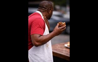 AI-generated image depicting a man choking during a food-eating competition.