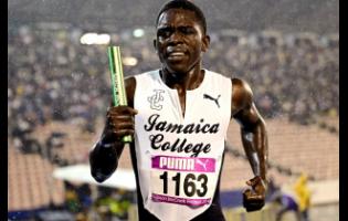 A member of the Jamaica College (IC) team competing in the boys’ open 4x800m final at the Gibson McCook Relays at the National Stadium in St Andrew on Saturday, February 24, 2024. JC are among Jamaican schools chasing top honours at the upcoming Penn Relays.
