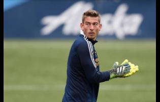 Goalkeeper Jonathan Klinsmann warms up while representing LA Galaxy prior to a MLS soccer match against the Portland Timbers on May 22, 2021, in Portland, Oregon.