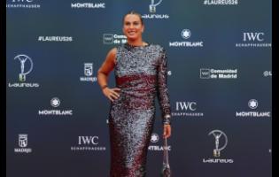 Aryna Sabalenka poses as she arrives for the 2026 Laureus World Sports Awards ceremony in Madrid, Spain, on Monday.