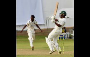 Jamaica Scorpions batsman Brad Barnes attempts to hook Barbados Pride pacer Johann Layne during the West Indies Championship cricket match at Sabina Park on Wednesday.