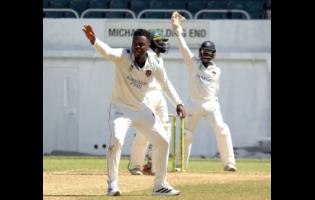Barbados Pride’s Joshua Bishop (front) appeals for a wicket on day two of the West Indies Championship cricket match against Jamaica Scorpions at Sabina Park, in Kingston, on Monday, April 27, 2026.