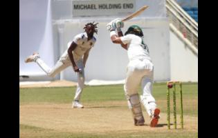 Jamaica Scorpions batsman Brandon King flicks a delivery from Shamar Springer of Barbados Pride during their West Indies Championship match at Sabina Park yesterday. King made 63 in Jamaica Scorpions’ second innings.
