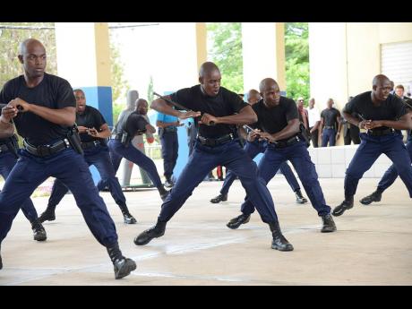 
In this 2016 photo, policemen demonstrate the use of less lethal force after being trained in defensive tactics.