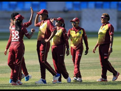 Windies Women celebrate a 146-run victory over Pakistan in the first match of their one- day international series in Dubai, United Arab Emirates, on Thursday, February 7, 2019.