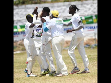 Rio United players celebrate after taking a wicket  against St Margaret’s Bay in the SDC community T20 cricket competition match in Buff Bay, Portland, yesterday.