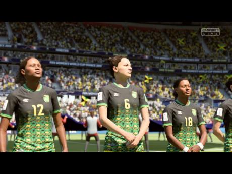 Representations of Jamaica players Sashana Campbell (left), Havana Solaun (centre), and Trudi Carter line up during the playing of the national anthem in FIFA 19.