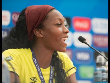 Cheyna Matthews at a press conference at the Stade des Alpes in Grenoble, France, yesterday. 