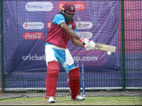 Windies batsman Chris Gayle in the nets during a training session yesterday ahead of their ICC World Cup match against India at Old Trafford in Manchester, England today.