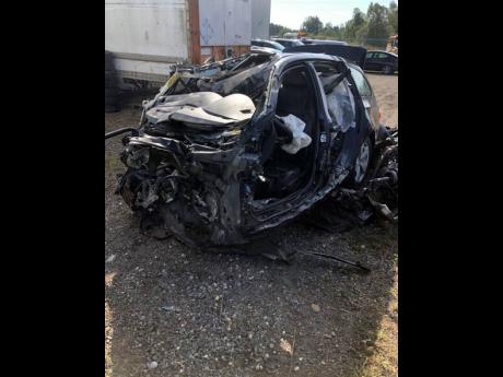 This photo, released by the Ontario Provincial Police, shows the smashed- up vehicle that Louie Rankin was driving when it collided with a transport truck near Shelburne, Ontario. 