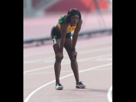 Shericka Jackson after completing her run 
in the women’s 400m semi-final at the Khalifa International Stadium during day five of the IAAF World Championships in Doha, Qatar yesterday.