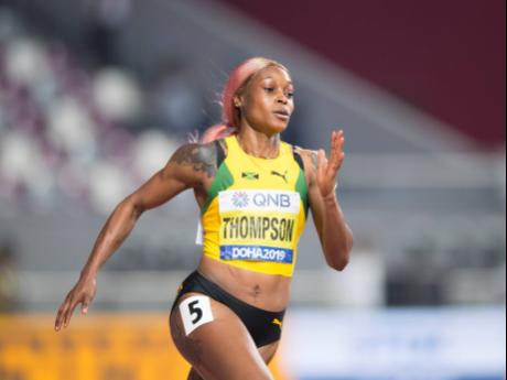 Elaine Thompson competing in her heat of the women’s 200m at IAAF World Athletics Championships. Thompson would later pull out of the 
semis citing 
injury.