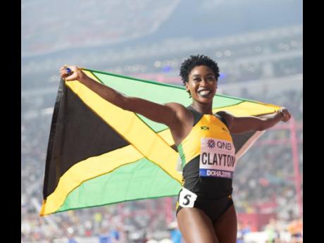 Rushell Clayton of jamaica is ecstatic as she celebrates winning a bronze medal in the women 400m hurdles final at the 2019 IAAF World Athletic Championships held at the Khalifa International Stadium in Doha, Qatar on Friday October 4, 2019. 