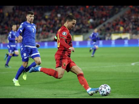 Belgium’s Eden Hazard kicks the ball during the Euro 2020 Group I qualifying match between Belgium and Cyprus at the King Baudouin stadium in Brussels, yesterday.