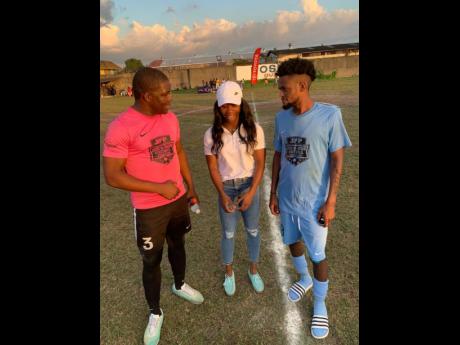 Two-times Olympic 100m champion Shelly-Ann Fraser-Pryce congratulates the captains of Legacy, Joseph Miller (left) and Lyrics, Keivon Fletcher (right). Both teams are set to meet in the final of the Shelly-Ann Fraser-Pryce six-a-side football competition on Sunday.