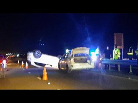 Credit: Contributed The scene of cricketer Oshane Thomas’ crash on the PJ Patterson Highway in St Catherine on Sunday.