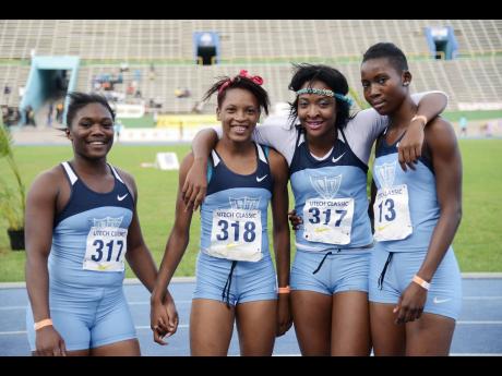 Members of the Edwin Allen High sprint relay team which registered 43.95 seconds for second in the 4x100m at UTech Classic at the National Stadium in 2014.