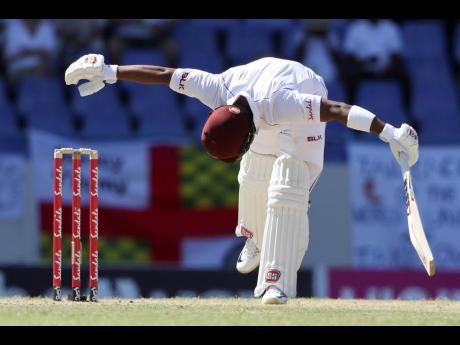 West Indies’ Shai Hope plays a shot from the bowling of England’s Ben Stokes during day two of the second Test cricket match at the Sir Vivian Richards Stadium in North Sound, Antigua and Barbuda, last February. 