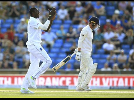 West Indies Jason Holder celebrates after taking the wicket of England’s Tom Westley during day three of the second cricket Test match at Headingley, Leeds, England, Sunday, August 27, 2017.