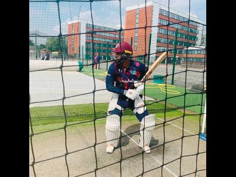 Credit: Contributed West Indies opener John Cambell bats during a net training session at the Emitrates in Old Trafford.