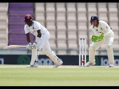 Credit: AP Windies batsman Jermaine Blackwood plays a shot during the fifth day of the first Test match against England at the Ageas Bowl in Southampton, England, on Sunday.