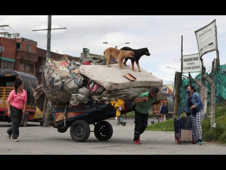 Dogs stand on a mattress hauled on a cart by a recycler in Bogota, Colombia, last Thursday, amid the new coronavirus pandemic.