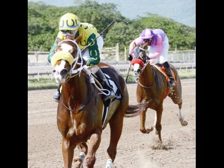 File
EXHILARATED, ridden by Dick Cardenas, wins the 5th at Caymanas Park on  November 24, 2018.