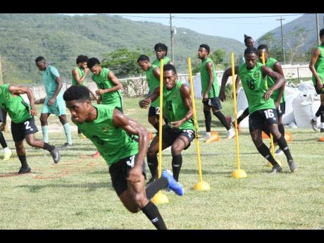 Jamaica’s Reggae Boyz in a training session at the UWI/JFF/Captain Burrell Centre of Excellence at the Mona Campus on Tuesday, August 27, 2019.