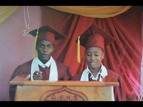 Jevaughn Malcolm and Jodiann Morris, valedictorians of the Godfrey Stewart High School’s Class of 2020, present their joint address via Zoom.