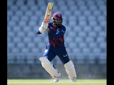 John Campbell  bats during day two of a West Indies warm-up match at Old Trafford on June 24, 2020, in Manchester, England. 