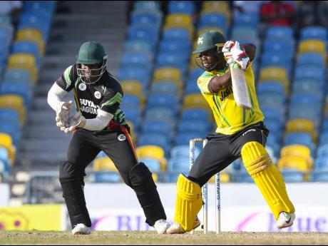 Nkrumah Bonner hits a four during the first semi-final match of the Super 50 Cup between Guyana Jaguars and Jamaica Scorpions on Thursday, October 25, 2018 at Kensington Oval.