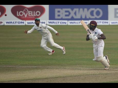 Windies middle-order batsman Nkrumah Bonner  plays a shot in his opening innings of the second Test  match against hosts Bangladesh in Dhaka on February 11.