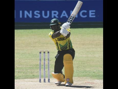 Jamaica Scorpions’ Rovman Powell gathers runs during his innings of 43 against the Red Force on February 11, 2021.