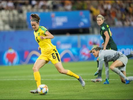Reggae Girl Havana Solaun shoots and scores during a FIFA Women’s World Cup match against Australia in 2019.