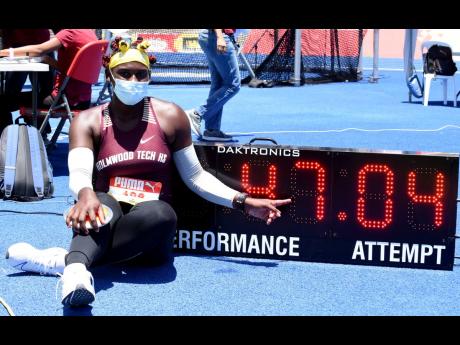 Cedricka Williams (Holmwood) celebrates her record discus throw of 47.04m, to win the girls Class Two discus event at the ISSA/GraceKennedy Boys and Girls’ Athletics Championships, held at the National Stadium on Wednesday, May 12, 2021.