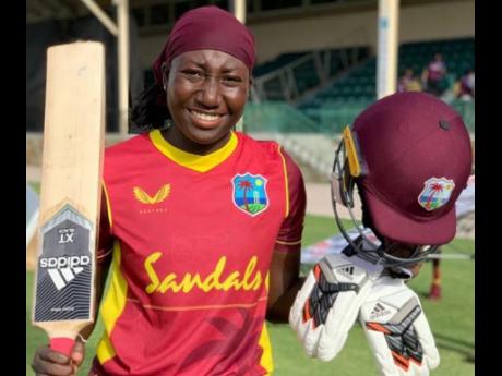 Credit: CWI photo Stafanie Taylor celebrates her unbeaten ODI century against Pakistan.