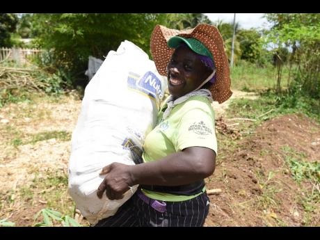 Valrie Thompson carries a bag of cassava.
