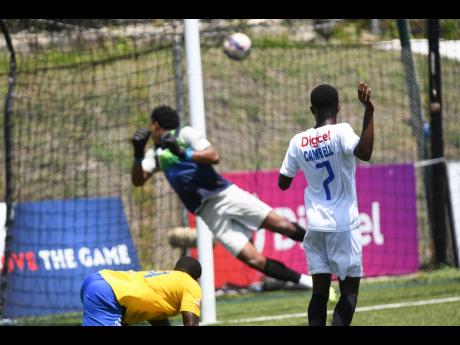 Mount Pleasant’s Devonte Campbell (right) slams the ball into the back of the net past  Harbour View’s goalkeeper Tafari Chambers during last weekend’s Jamaica Premier League quarterfinal match at the UWI-JFF Captain Horace Burrell Centre of Excellence.
