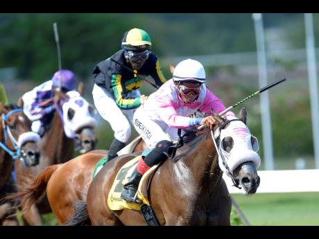 File photo shows Raddesh Roman guiding RICKY RICARDO to victory over 1400 metres at Caymanas Park on Saturday, August 24, 2019. Roman is set to ride again at Caymanas following an injury setback.