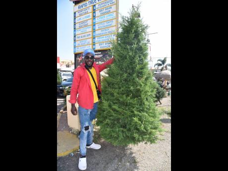 Ipal Smith with one of his Christmas trees outside Village Plaza on Constant Spring Road yesterday. Smith said that the ongoing COVID-19 pandemic severely hampered sales last year and he is loooking for a better time in 2021.