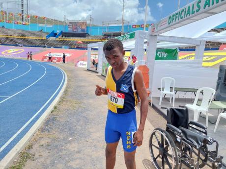New Forest High School sprinter Jace Witter after competing in the Class Two Boys 200m preliminary round at the ISSA/GraceKennedy Boys and Girls’ Athletics Championships at the National Stadium on Thursday.