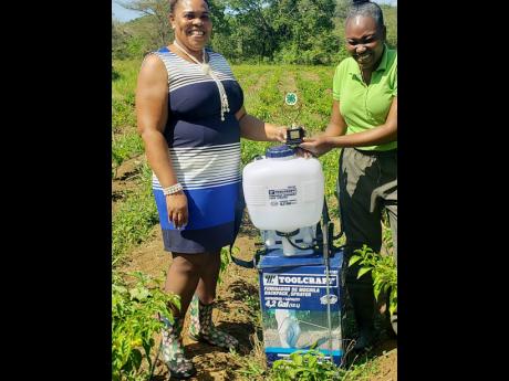 Natanish Hines (left), 4-H Parish Manager, presents Chelesia Osbourne with her prizes for being crowned Trelawny’s Young Farmer 2022.